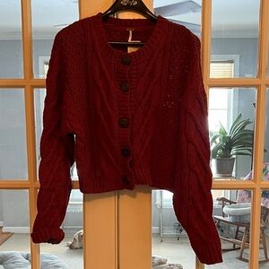 Free People Bonfire Burgundy Cable Knit Cardigan